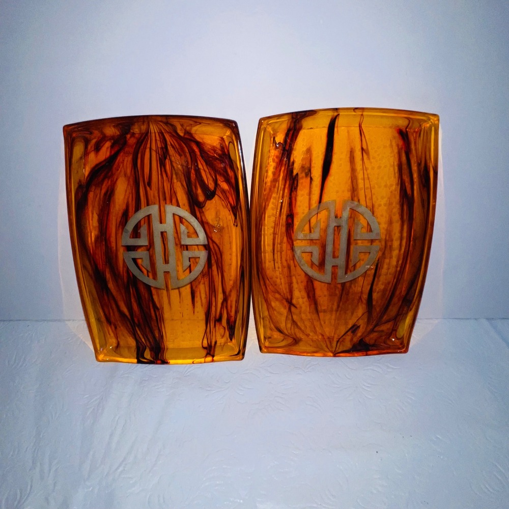 Vintage Tortoise Shell Acrylic Shou Symbol Decorative Trinket Tray Set of 2
